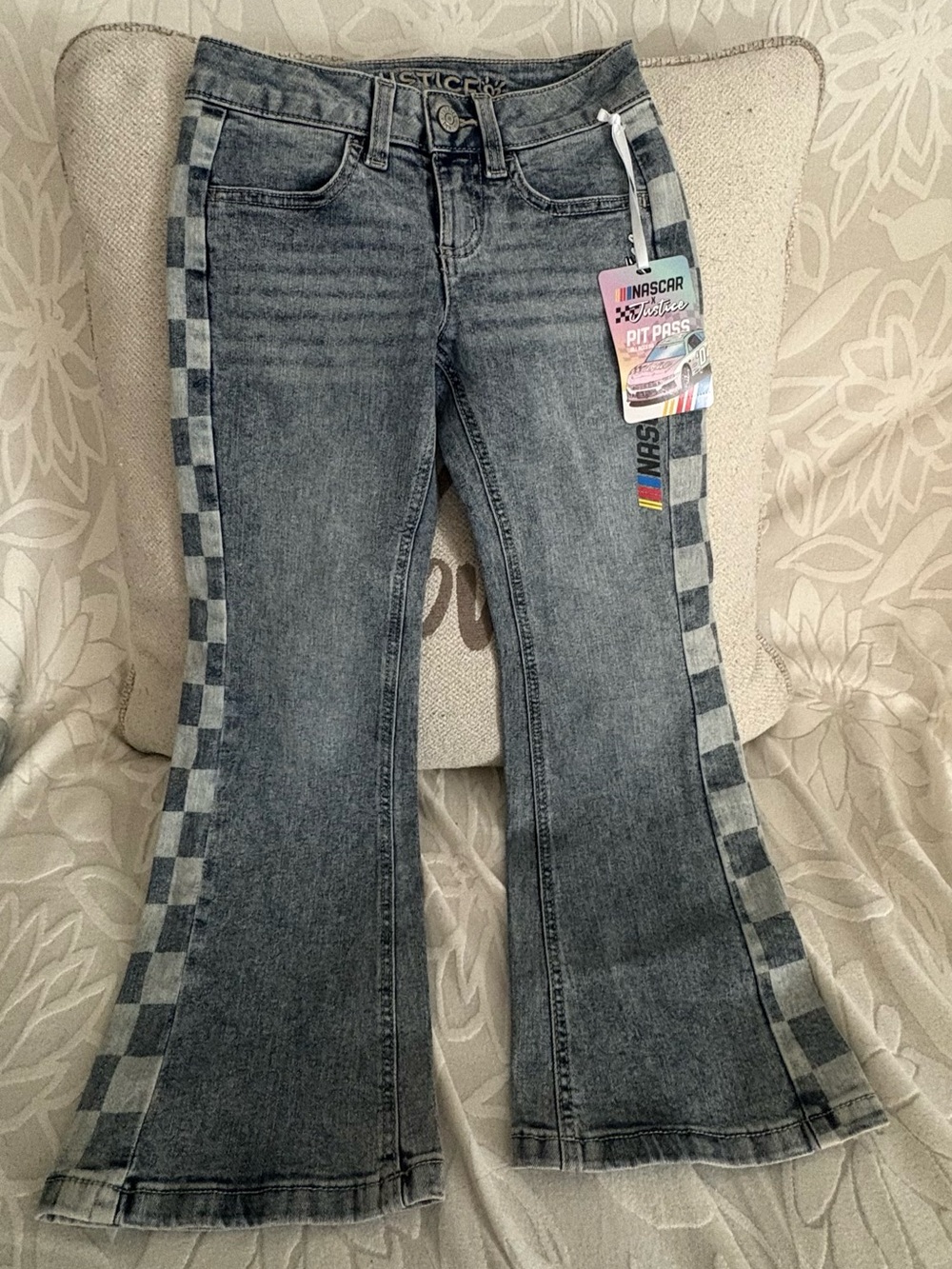 Justice Gray Flared Jeans with Checkered Side Stripes